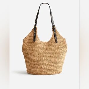 Straw Woven Tote Bag with Black Studded Straps